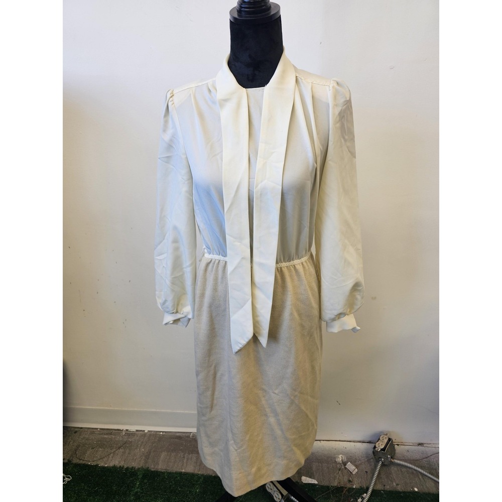 Vintage Leslie Fay Dress‎ Womens 12 White Beige Tie Neck Belted Made USA 80s